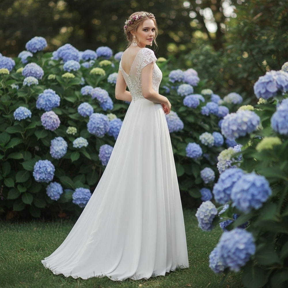 JJs House Eyla Ivory Lace Sequined Bodice V‑Neck Wedding Dress With Button Back